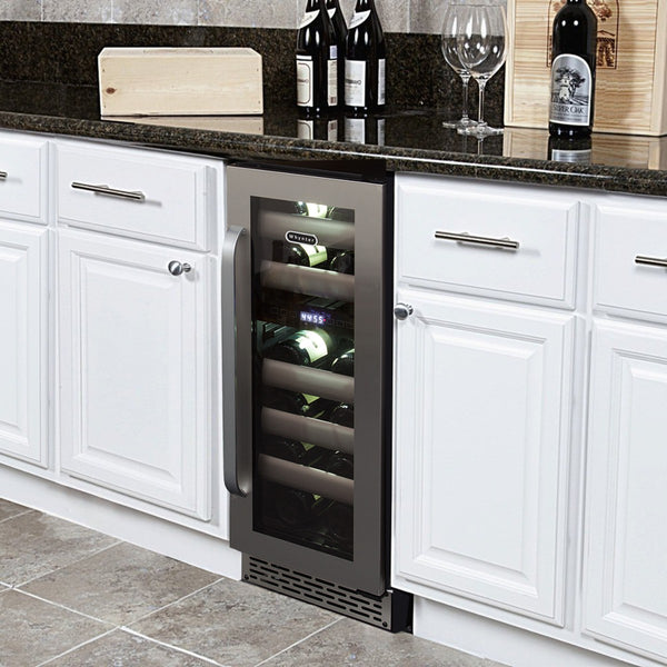 Whynter BWR-171DS 17-Bottle Dual-Zone Built-In Wine Refrigerator - Built-in wine cooler stocked with bottles in a modern kitchen cabinet setup