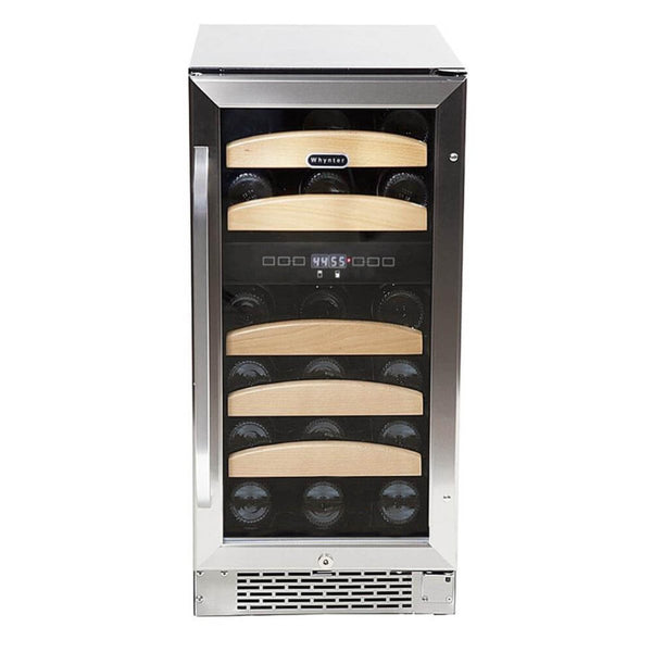 Whynter BWR-281DZ 28-Bottle Dual Zone Built-In Wine Refrigerator - front view loaded inside closed fridge