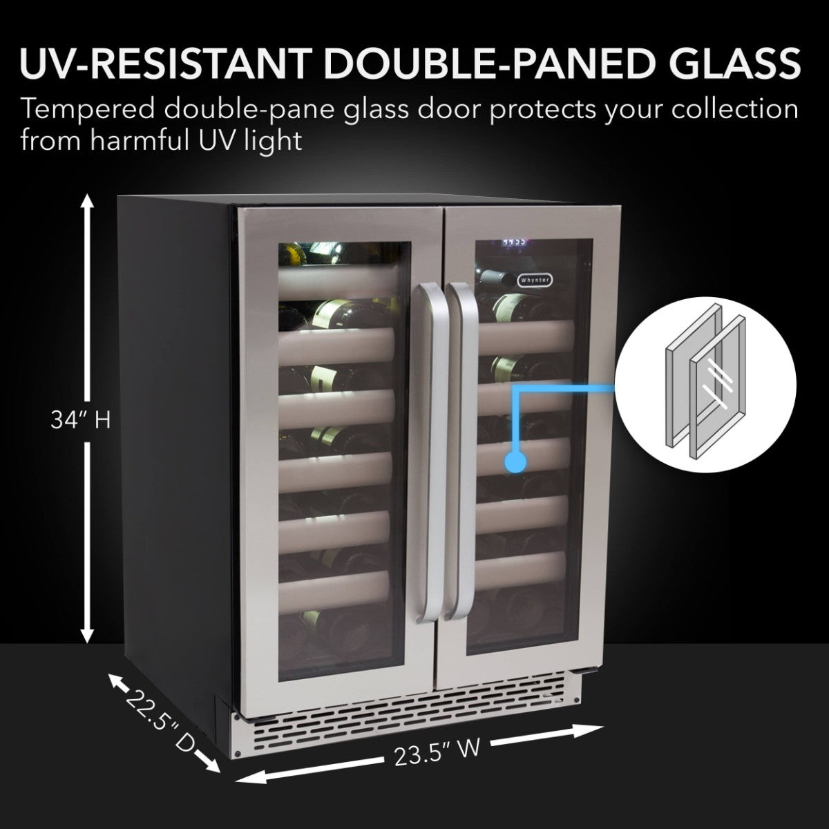 Whynter BWR-401DS 40-Bottle Dual-Zone Built-In Wine Refrigerator - UV Resistand Double Pane Glass - Dimensions Shown