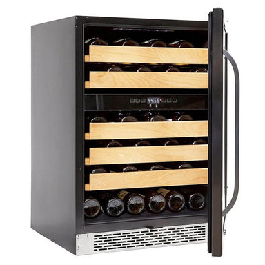 Whynter BWR-462DZ 46-Bottle Dual Zone Built-In Wine Refrigerator - Front left view loaded fridge open door