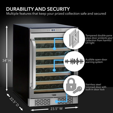 Whynter BWR-545XS 54-Bottle Built-In Wine Refrigerator - Durability and Security dimensions shown