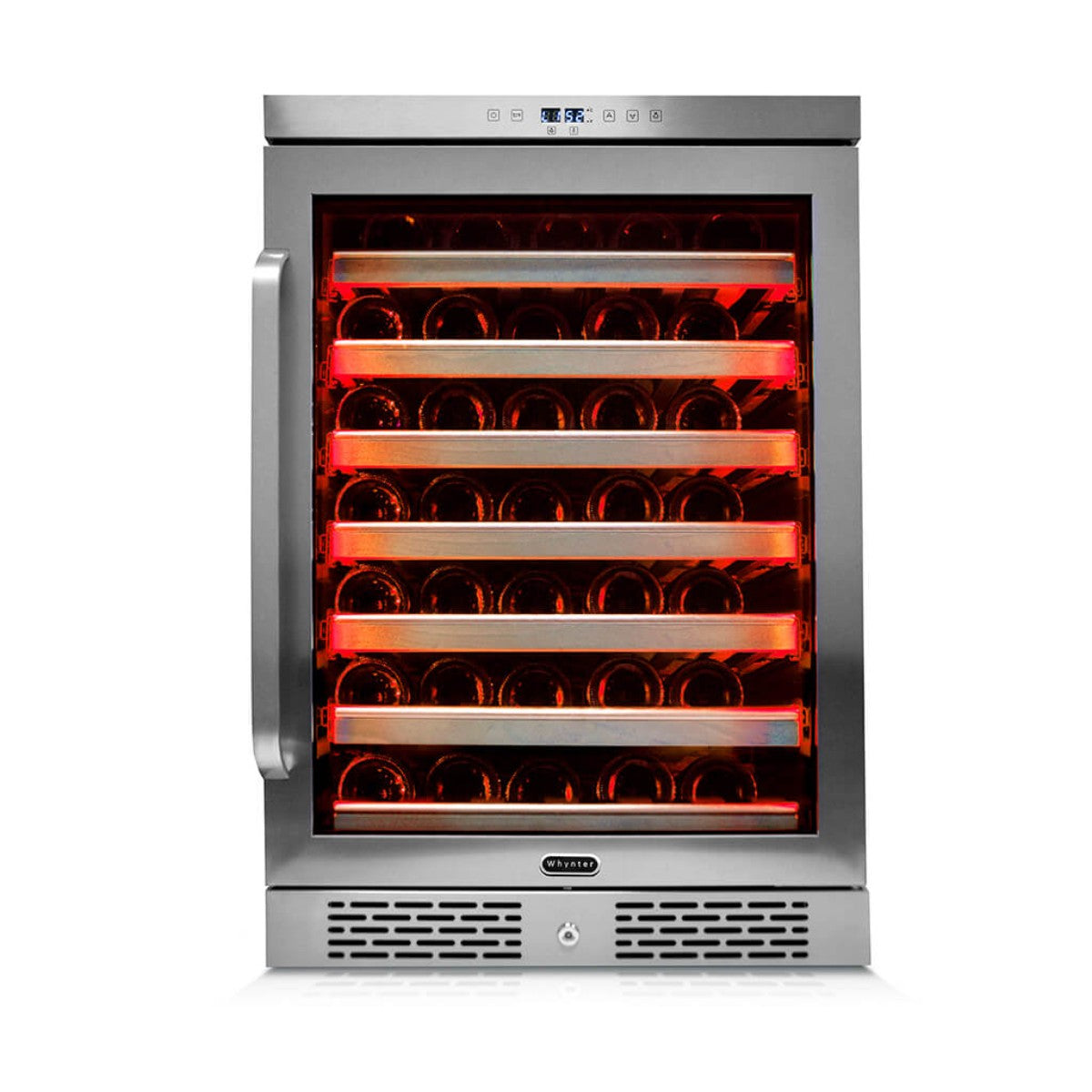 Whynter BWR-545XS 54-Bottle Built-In Wine Refrigerator - Front view loaded shelves closed door - red lighting