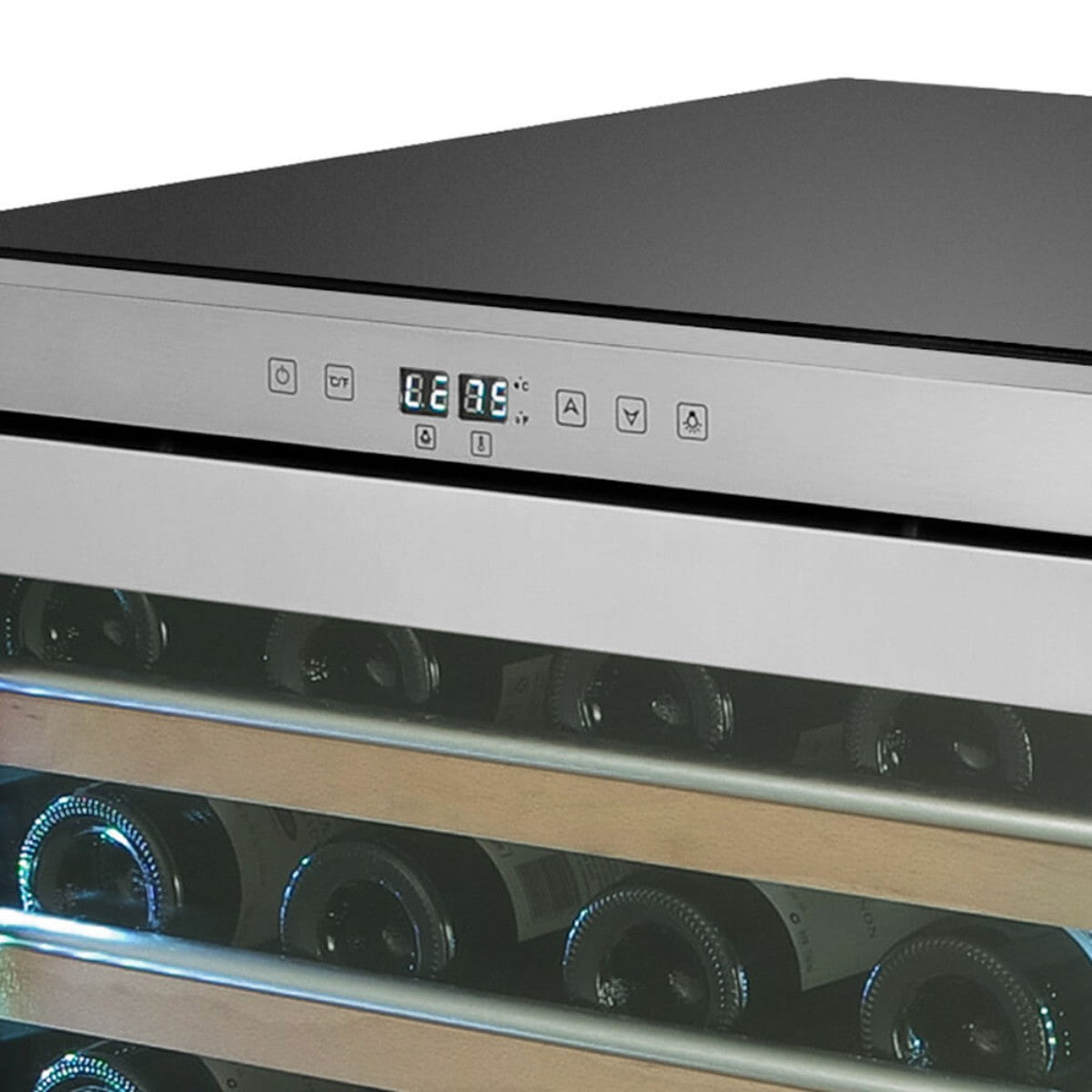 Whynter BWR-545XS 54-Bottle Built-In Wine Refrigerator - close up view of the touchscreen controls