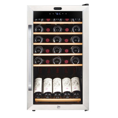 Whynter FWC-341TS 34-Bottle Freestanding Wine Refrigerator - front view loaded fridge with wine display closed door