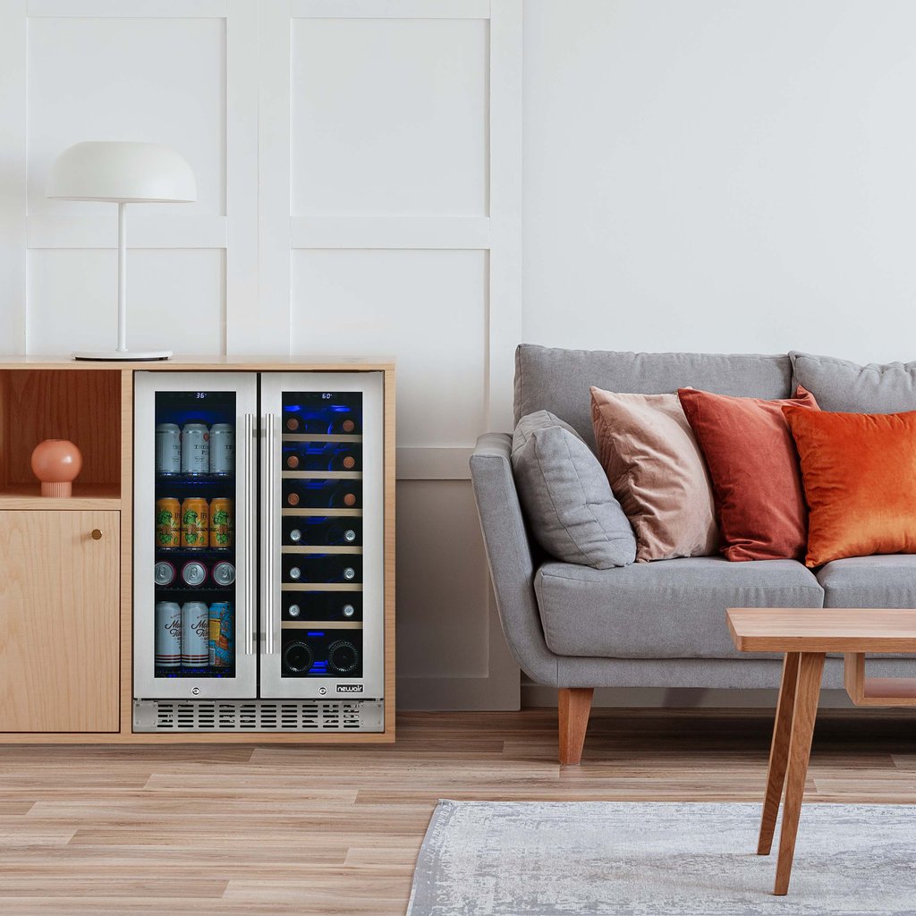 NewAir 24” Premium Built-in Dual Zone 18 Bottle and 58 Can French Door Wine and Beverage Fridge