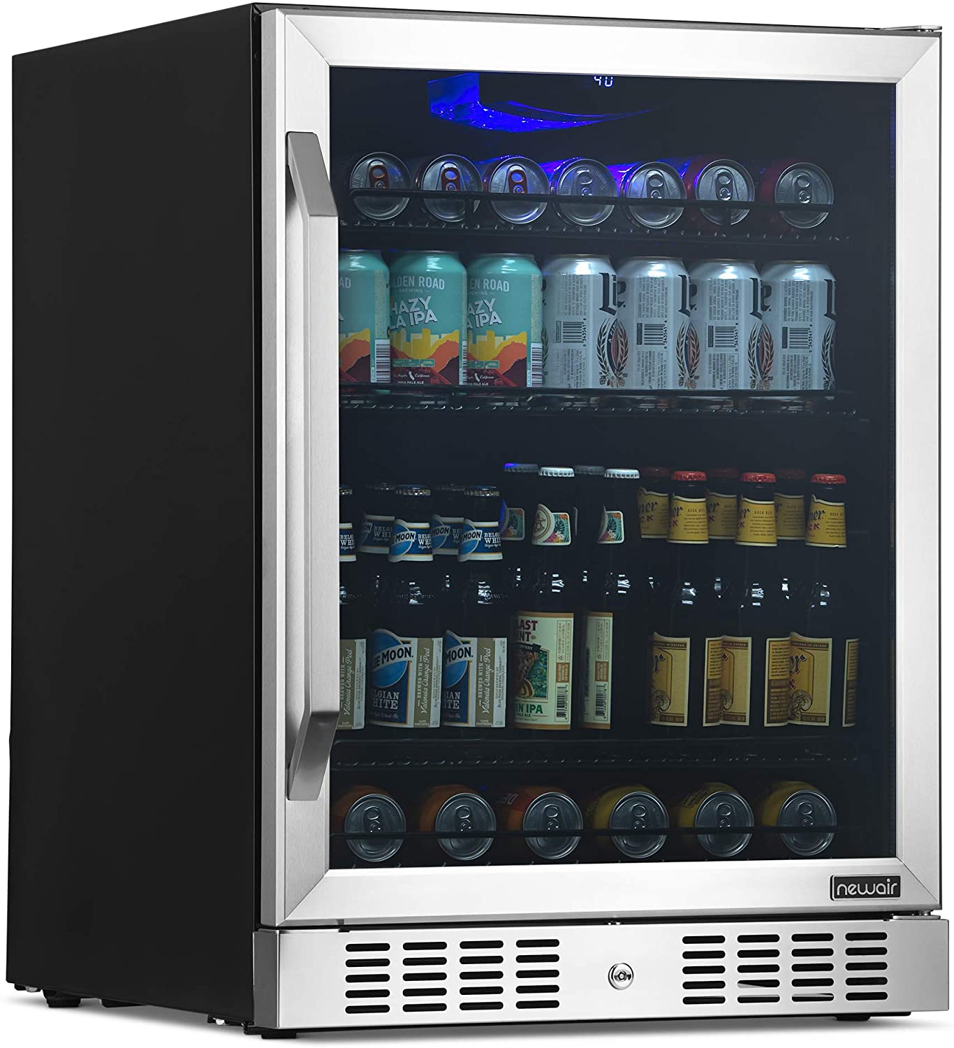 Newair 24” Built-in 177 Can Beverage Fridge in Stainless Steel with Triple-Pane Glass
