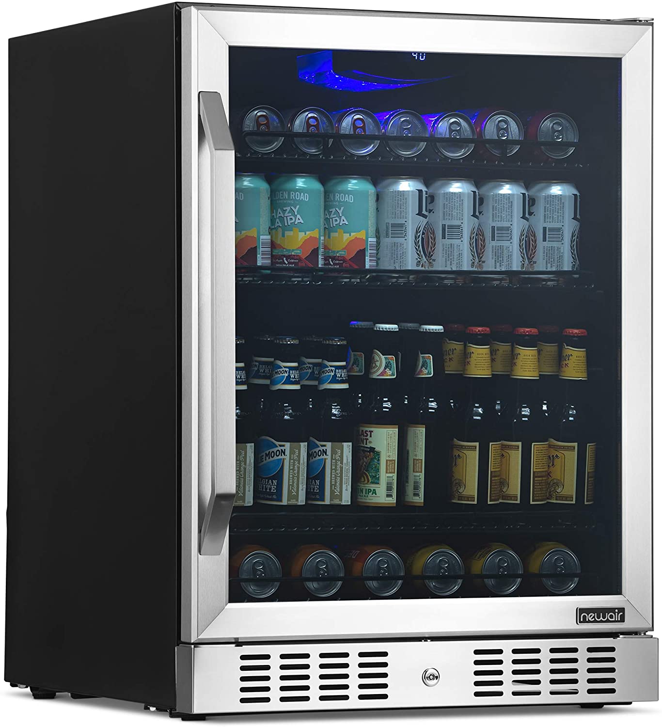 Newair 24” Built-in 177 Can Beverage Fridge in Stainless Steel with Triple-Pane Glass