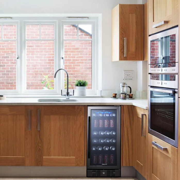 NewAir 15” Built-in 96 Can Beverage Fridge in Black Stainless Steel