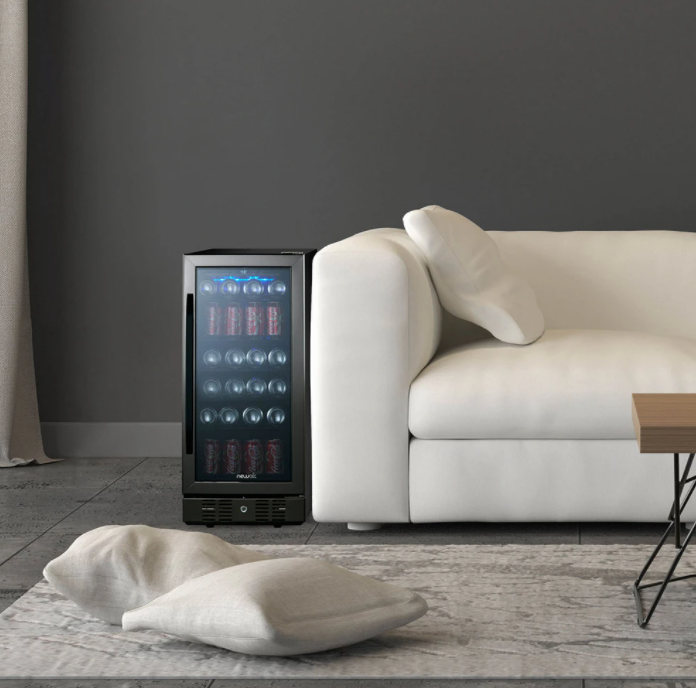 NewAir 15” Built-in 96 Can Beverage Fridge in Black Stainless Steel