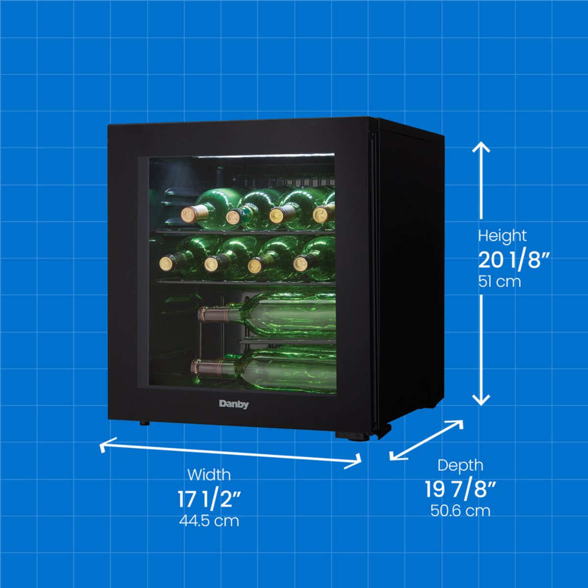 Danby 16 Bottle Freestanding Wine Cooler in Black - dimensions of the fridge shown
