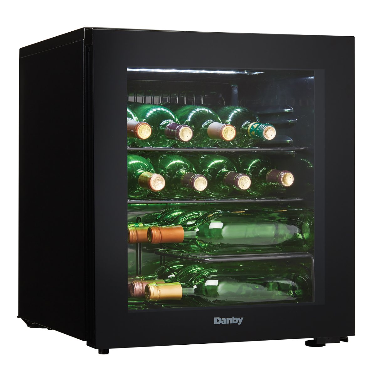 Danby 16 Bottle Freestanding Wine Cooler in Black - front left view loaded inside closed door