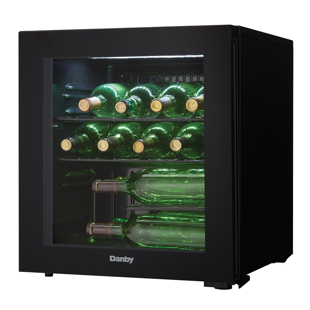Danby 16 Bottle Freestanding Wine Cooler in Black - front right view loaded inside closed door