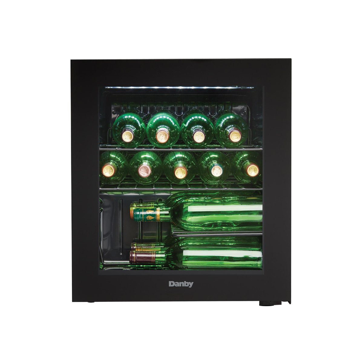 Danby 16 Bottle Freestanding Wine Cooler in Black - front view loaded inside closed door