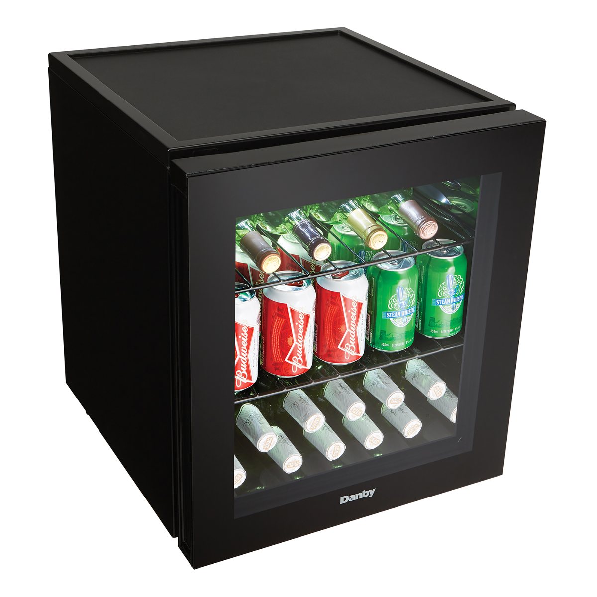 Danby 16 Bottle Freestanding Wine Cooler in Black - top view loaded inside closed door