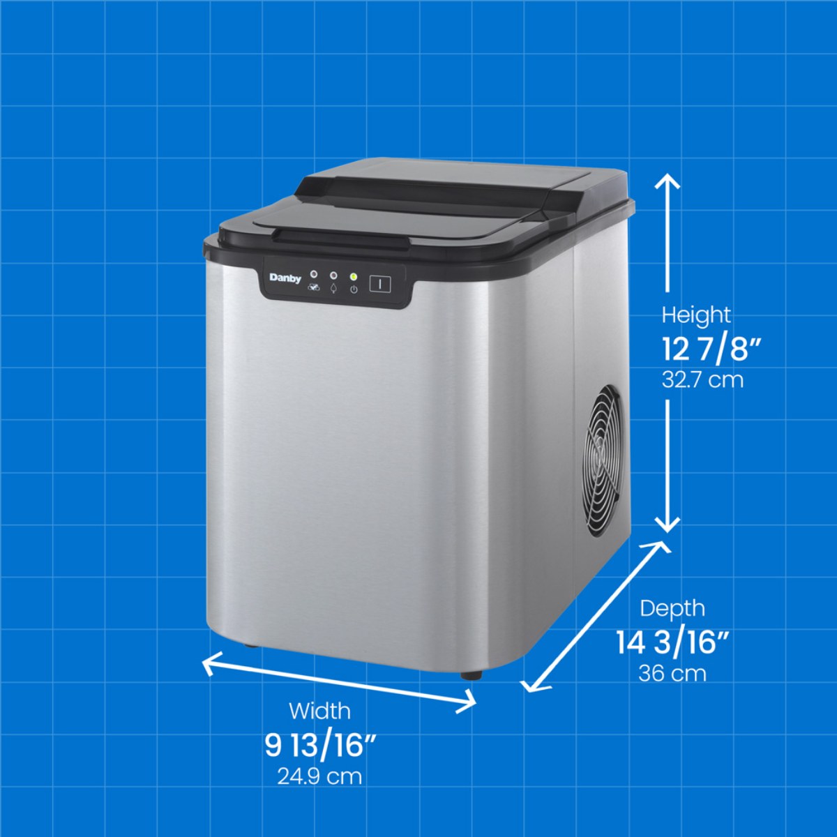 Danby 25 lbs. Countertop Ice Maker in Stainless Steel - dimensions of the ice maker shown