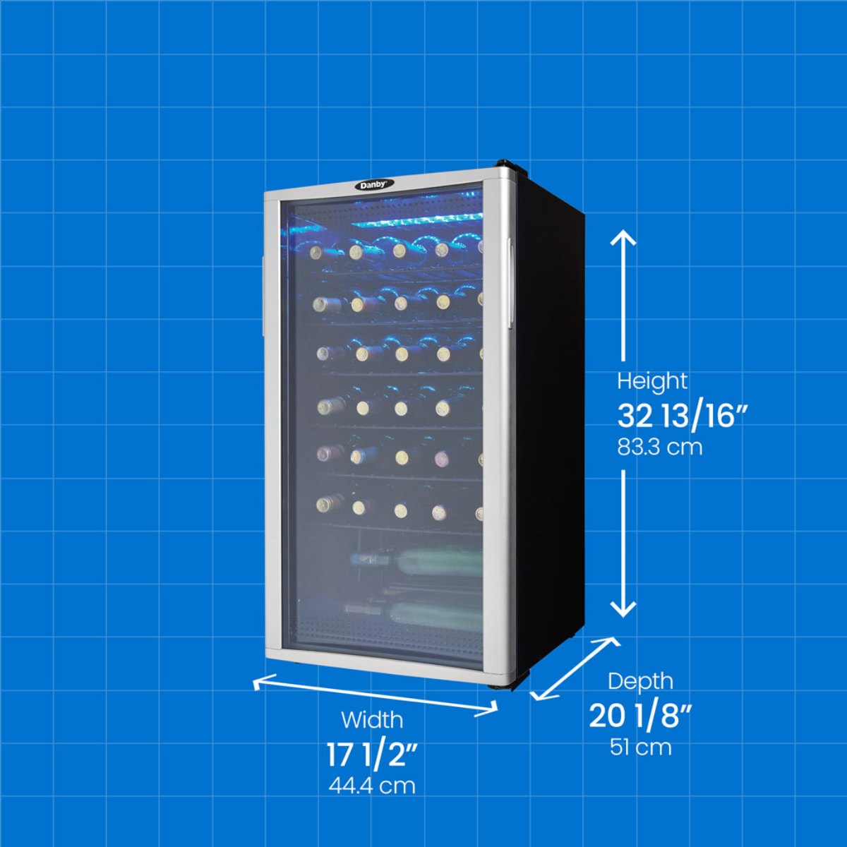 Danby 36 Bottle Freestanding Wine Cooler in Platinum - dimensions of the fridge shown