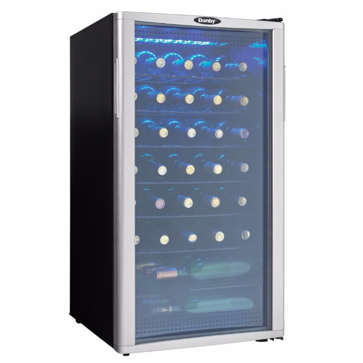Danby 36 Bottle Freestanding Wine Cooler in Platinum - front left view loaded fridge closed door