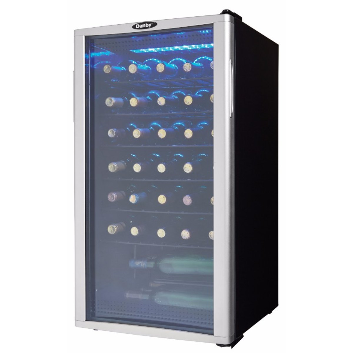 Danby 36 Bottle Freestanding Wine Cooler in Platinum - front right view loaded fridge closed door