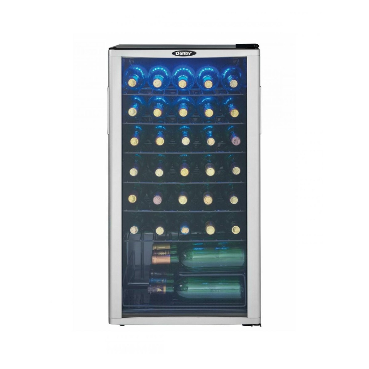 Danby 36 Bottle Freestanding Wine Cooler in Platinum - front view loaded fridge closed door