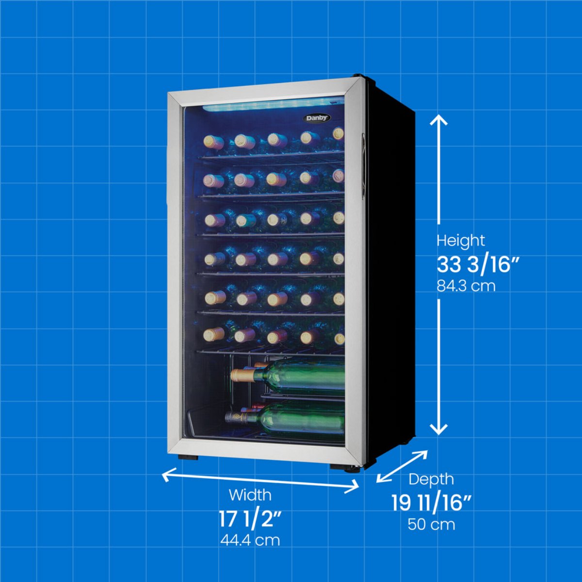Danby 36 Bottle Freestanding Wine Cooler in Stainless Steel - dimensions of the fridge shown