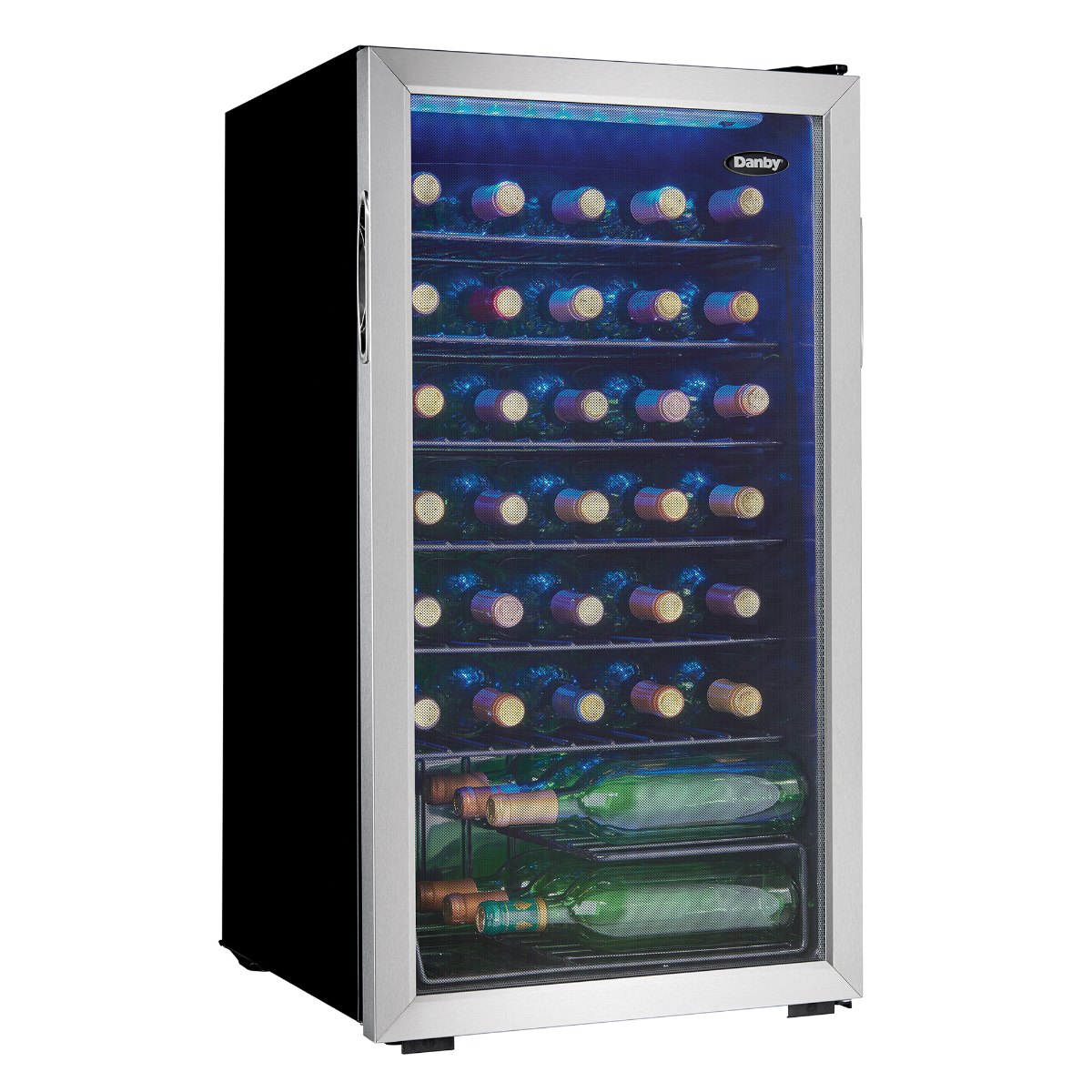Danby 36 Bottle Freestanding Wine Cooler in Stainless Steel - front left view loaded fridge closed door