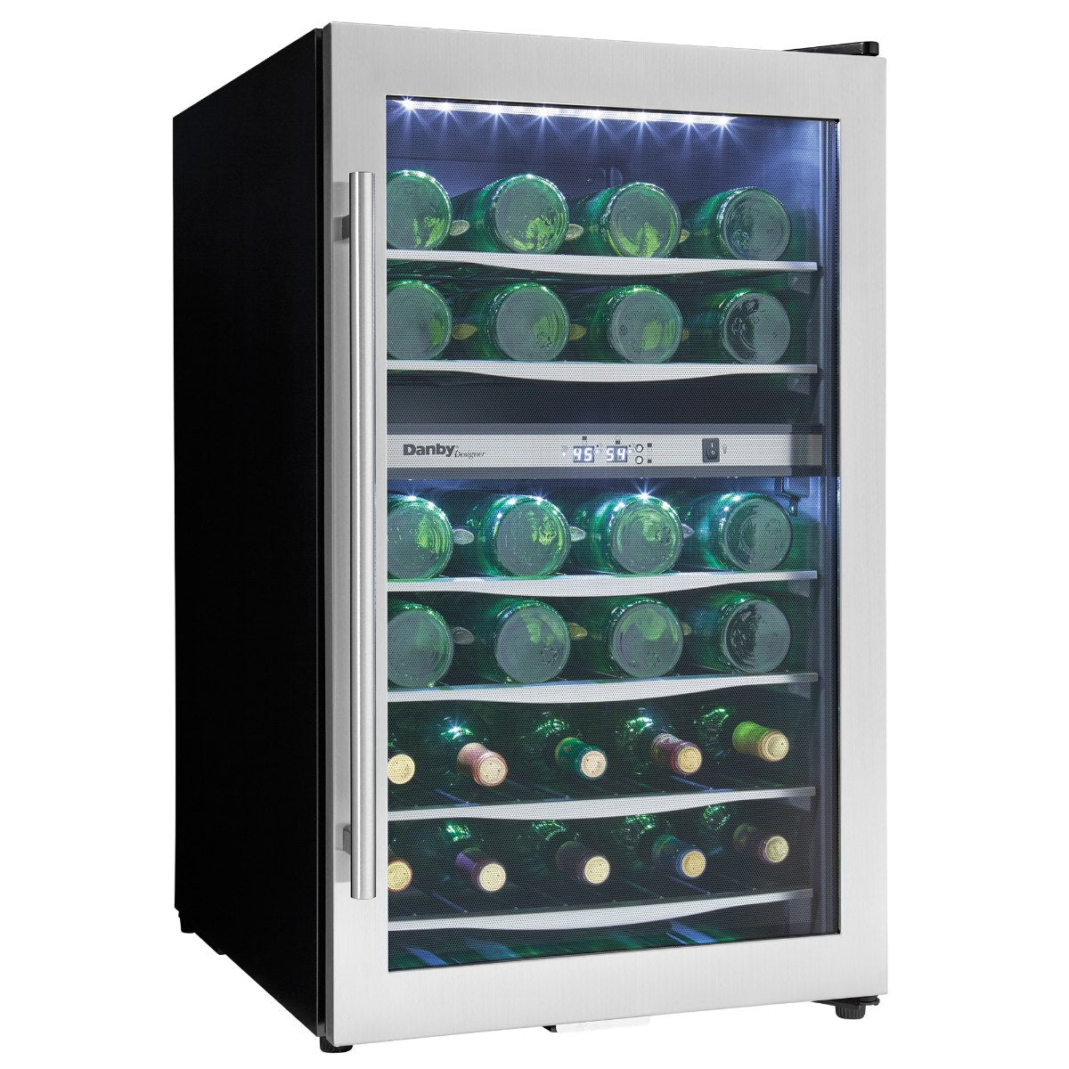 Danby 38 Bottle Free-Standing Wine Cooler in Stainless Steel - front left view loaded inside closed door