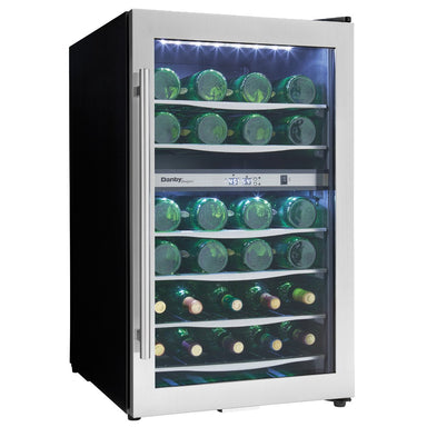 Danby 38 Bottle Free-Standing Wine Cooler in Stainless Steel - front left view loaded inside closed door