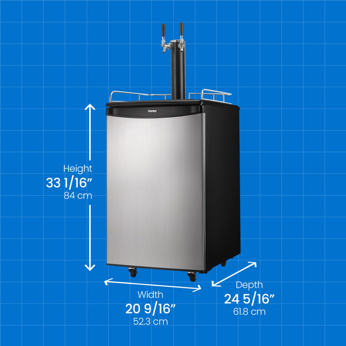 Danby 5.4 cu. ft. Dual Tap Kegerator – Keg Cooler - dimensions of the kegerator shown