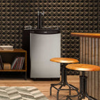 Danby 5.4 cu. ft. Dual Tap Kegerator – Keg Cooler - next to wooden bar stools and patterned wall panels