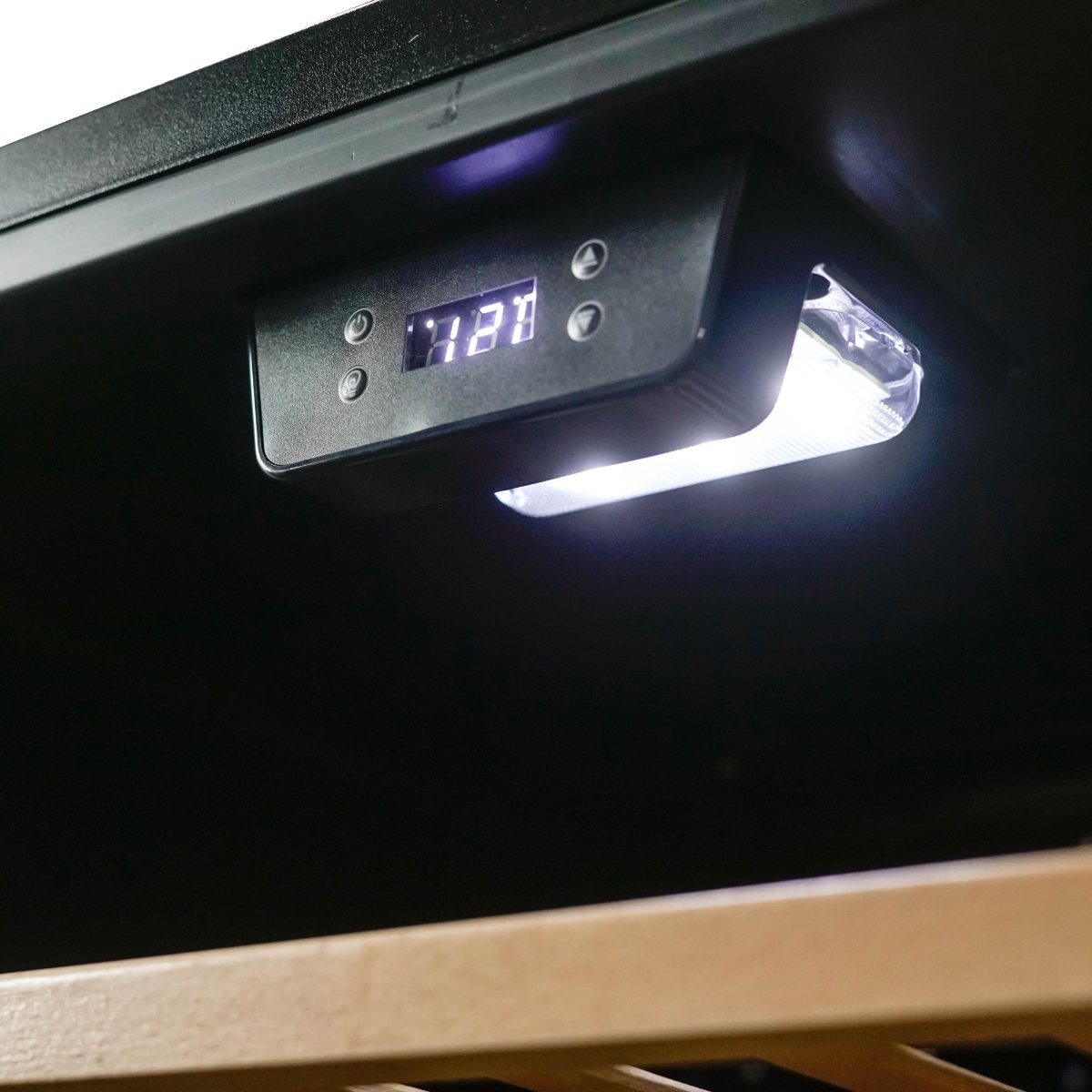 Danby 94 Bottle Freestanding Wine Cooler in Black - close up view of the thermoastat display and LED light