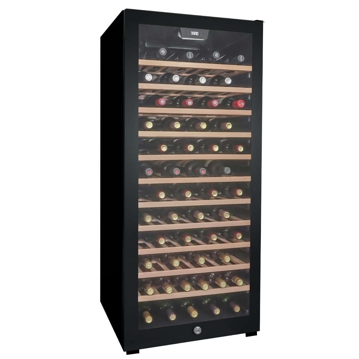 Danby 94 Bottle Freestanding Wine Cooler in Black - front left view loaded shelves closed door