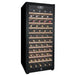 Danby 94 Bottle Freestanding Wine Cooler in Black - front left view loaded shelves closed door