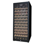 Danby 94 Bottle Freestanding Wine Cooler in Black - front right view loaded shelves closed door