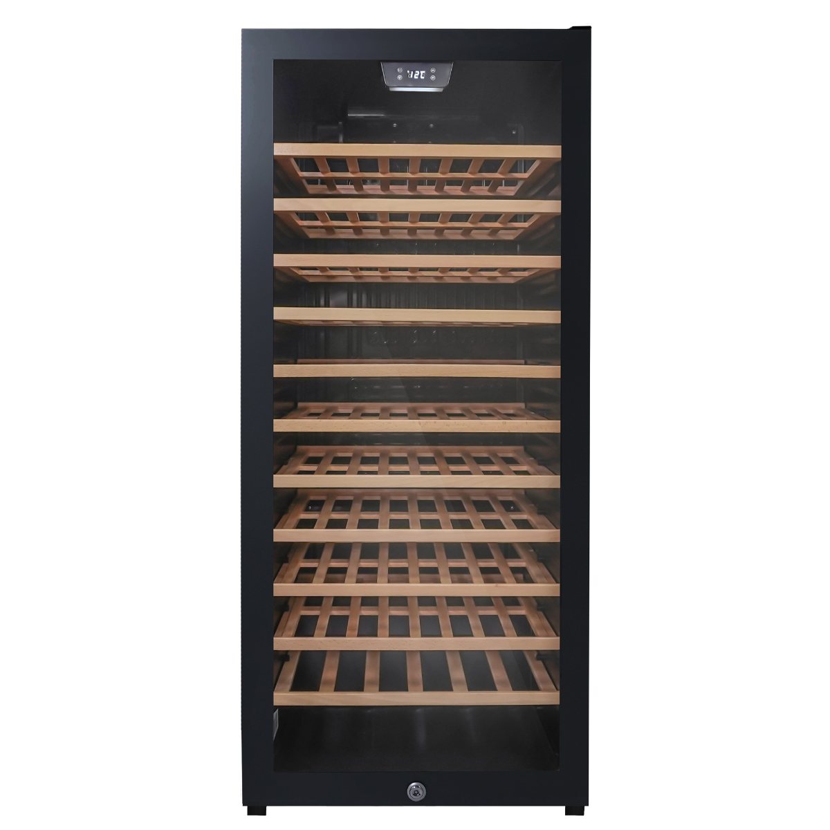Danby 94 Bottle Freestanding Wine Cooler in Black - front view empty shelves closed door