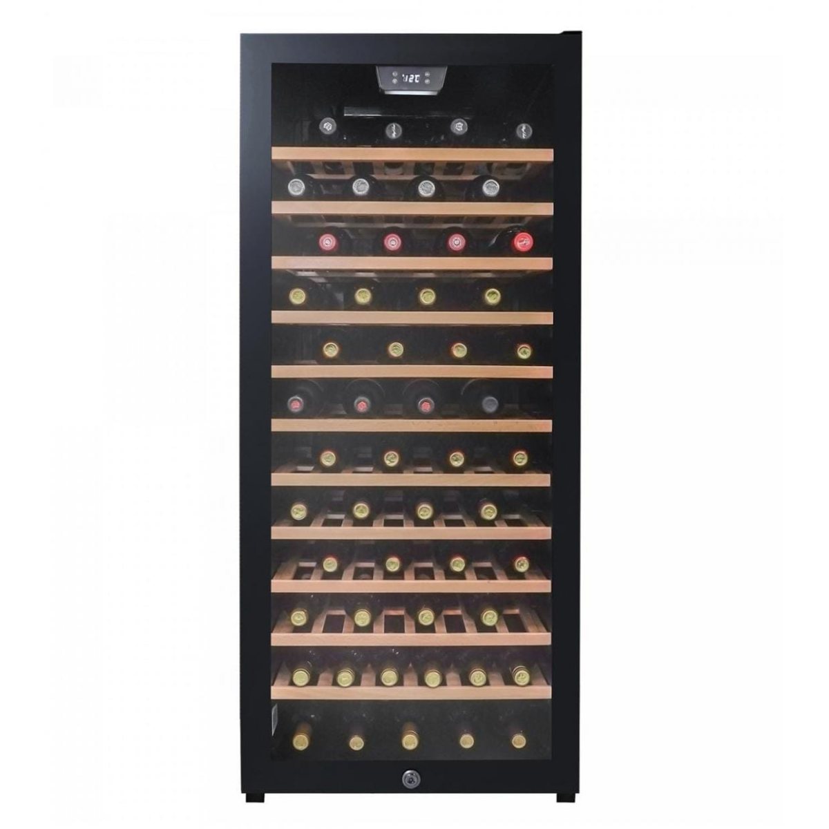 Danby 94 Bottle Freestanding Wine Cooler in Black - front view loaded shelves closed door