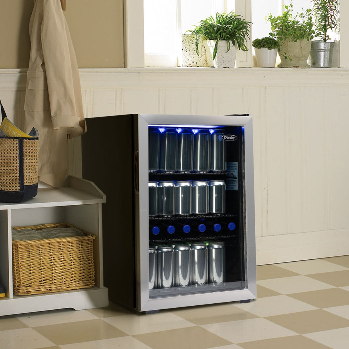 Danby 95-Can Freestanding Beverage Center in Stainless Steel - beverage cooler with blue LED lighting in a cozy entryway setting