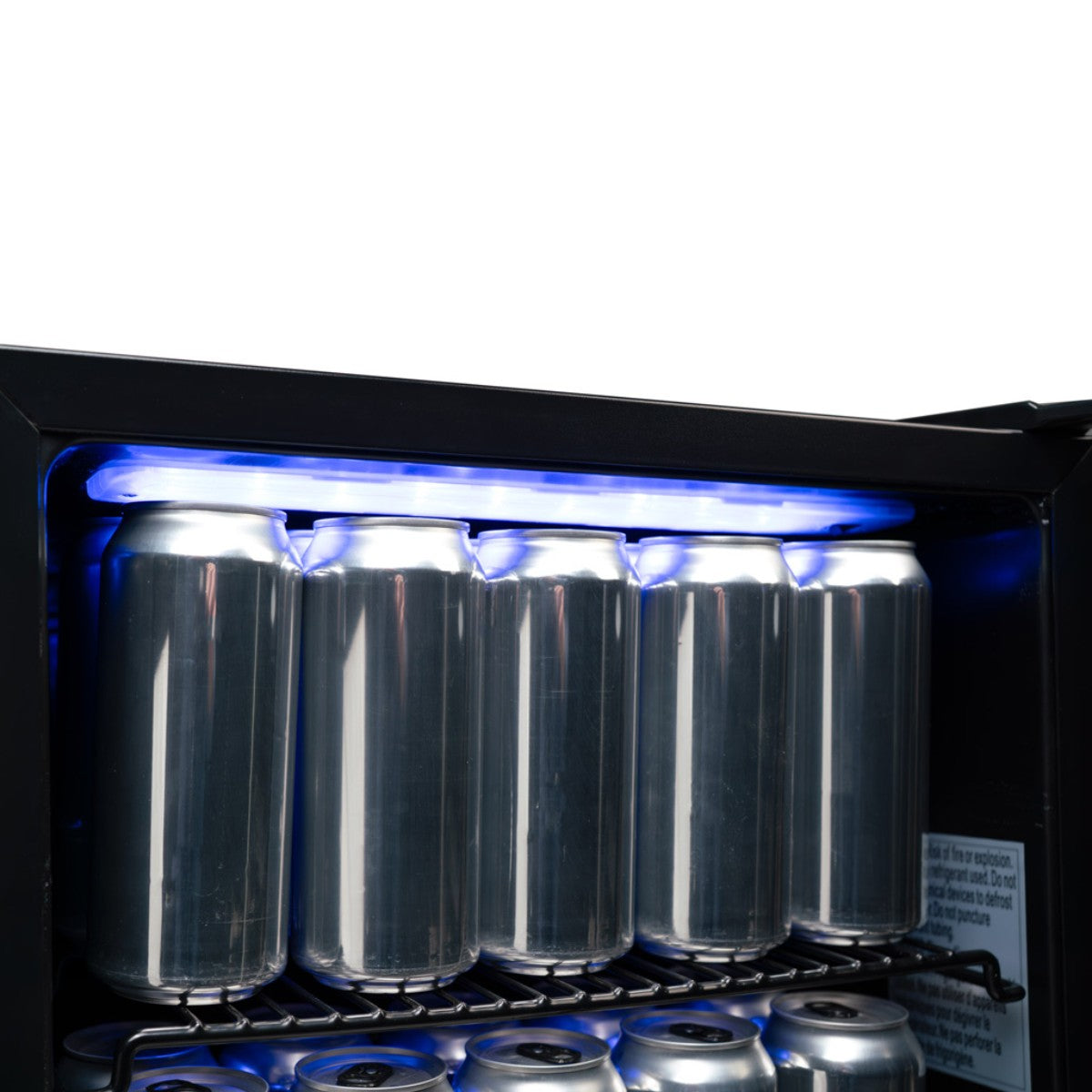 Danby 95-Can Freestanding Beverage Center in Stainless Steel - close up view of the blue light LED and can beverages