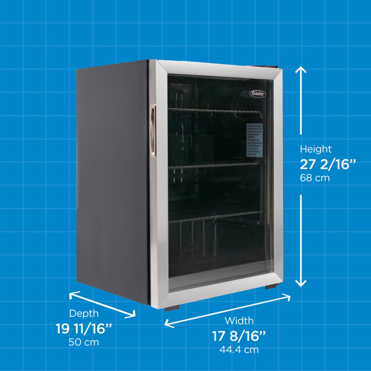 Danby 95-Can Freestanding Beverage Center in Stainless Steel - dimensions of the fridge shown