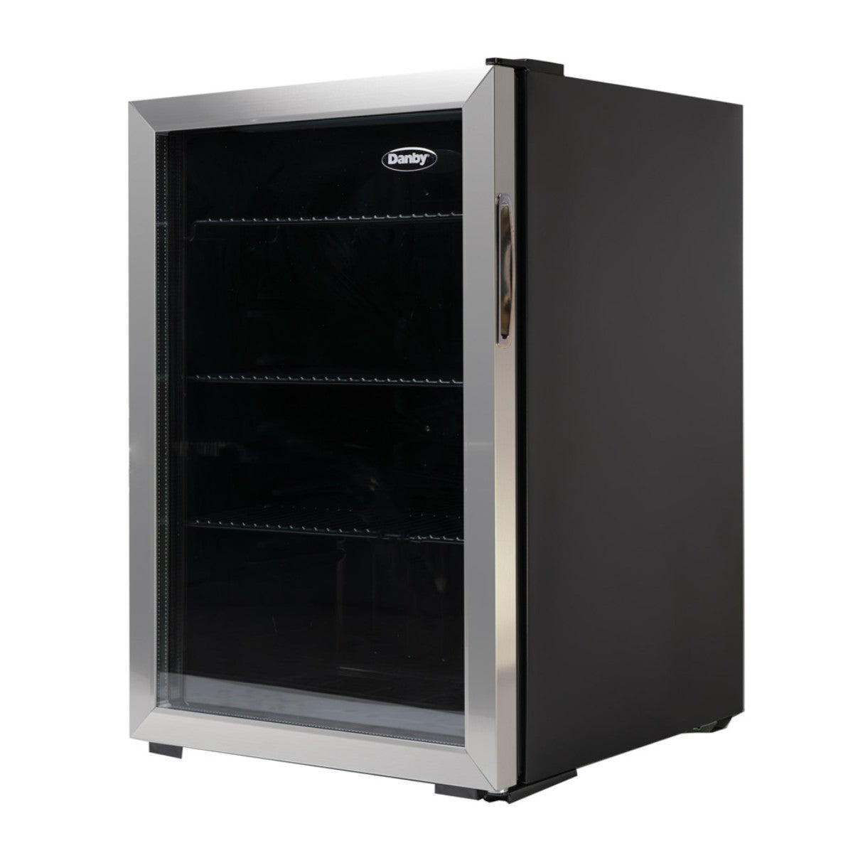 Danby 95-Can Freestanding Beverage Center in Stainless Steel - front right view empty fridge closed door