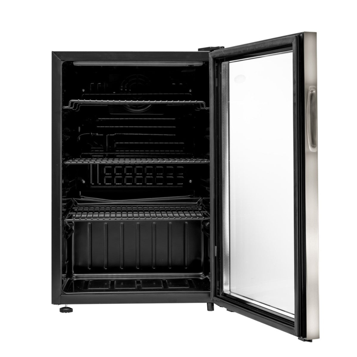 Danby 95-Can Freestanding Beverage Center in Stainless Steel - front view empty fridge open door