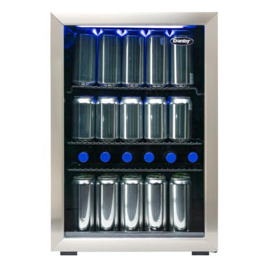 Danby 95-Can Freestanding Beverage Center in Stainless Steel - front view loaded fridge closed door