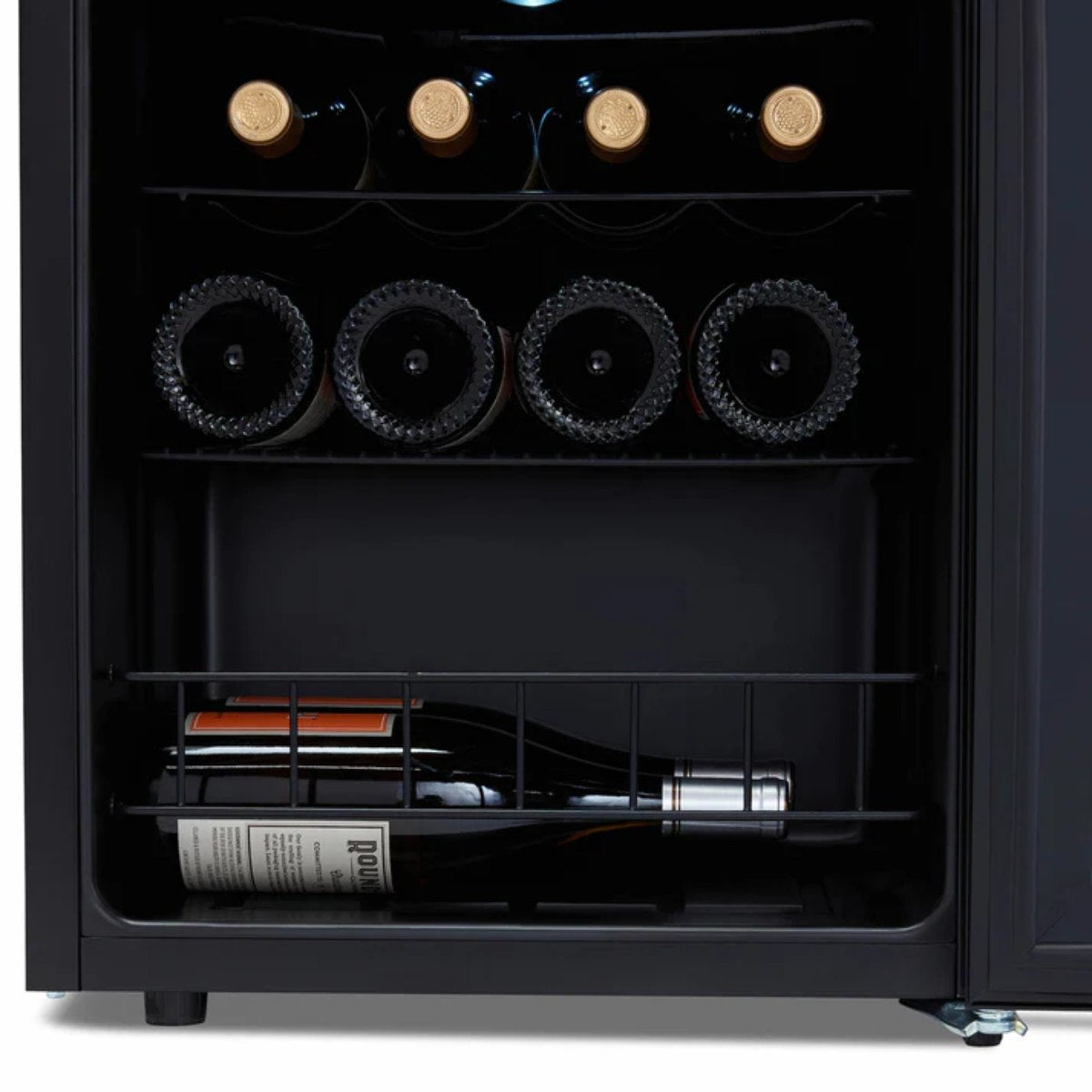 Luma 16 Bottle Shadow Series Freestanding Wine Fridge – 16.9" Black - Close up view of the racks with wines