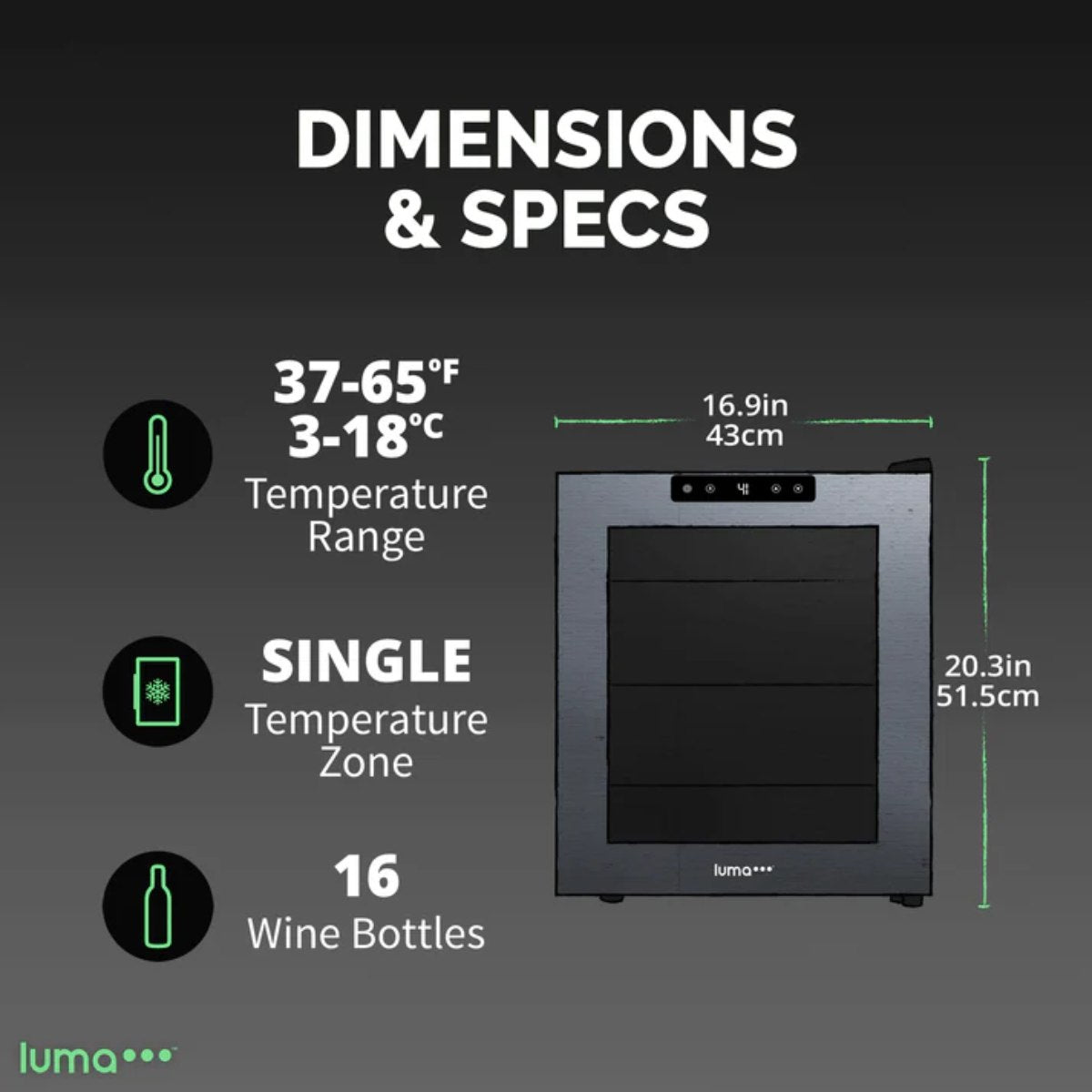 Luma 16 Bottle Shadow Series Freestanding Wine Fridge – 16.9" Black - Dimensions and Specifications Shown