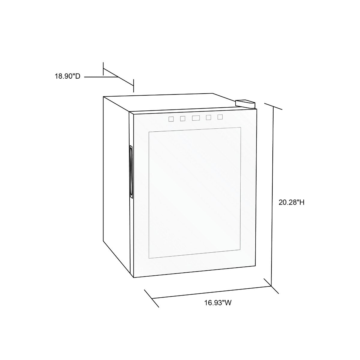 Luma 16 Bottle Shadow Series Freestanding Wine Fridge – 16.9" Black - Dimensions of the fridge shown