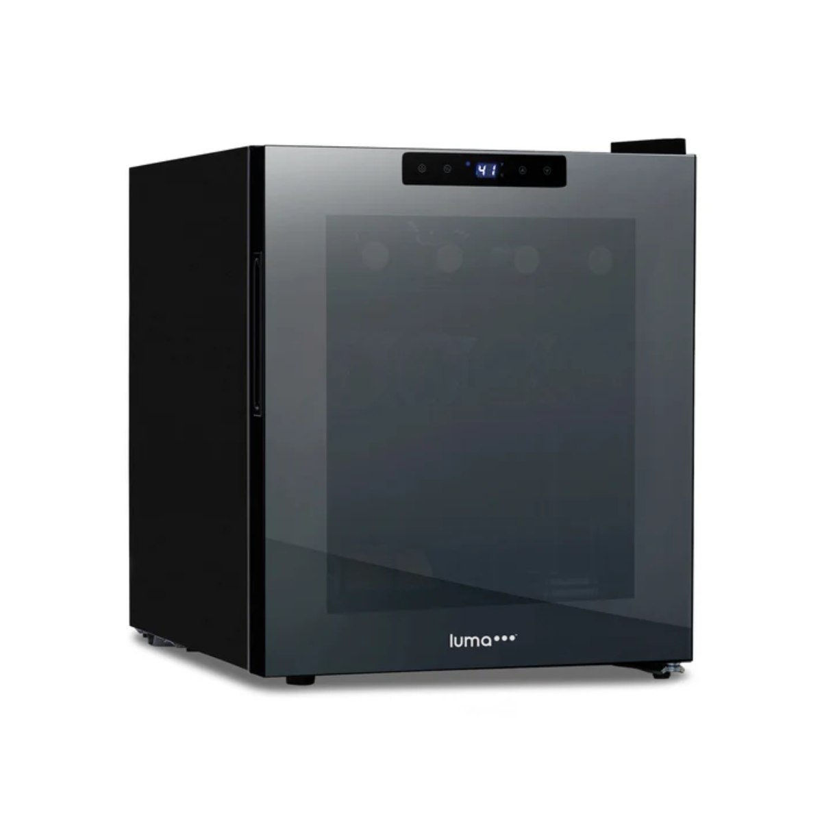Luma 16 Bottle Shadow Series Freestanding Wine Fridge – 16.9" Black - Front Left View - Loaded Fridge - Closed Door
