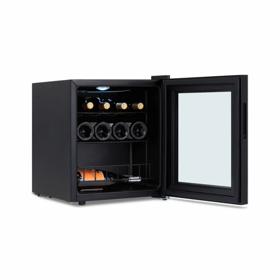 Luma 16 Bottle Shadow Series Freestanding Wine Fridge – 16.9" Black - Front Left View - Loaded Fridge - Open Door