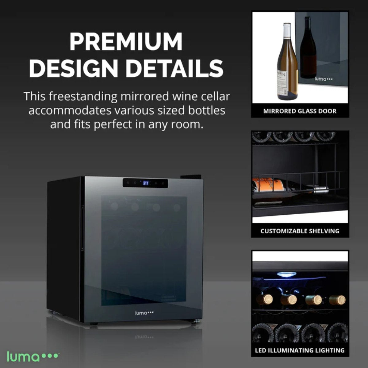 Luma 16 Bottle Shadow Series Freestanding Wine Fridge – 16.9" Black - Premium Design Details