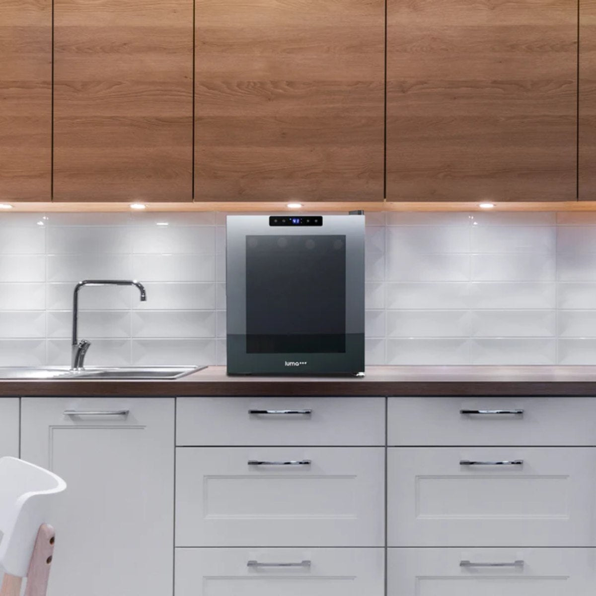 Luma 16 Bottle Shadow Series Freestanding Wine Fridge – 16.9" Black - fridge on countertop in modern white kitchen