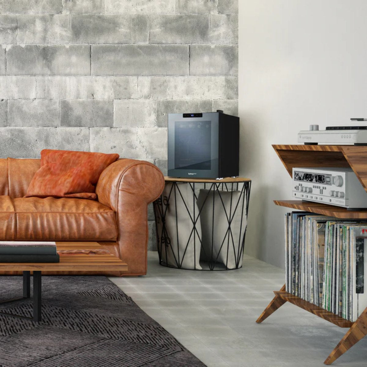 Luma 16 Bottle Shadow Series Freestanding Wine Fridge – 16.9" Black - fridge on side table in industrial style living room