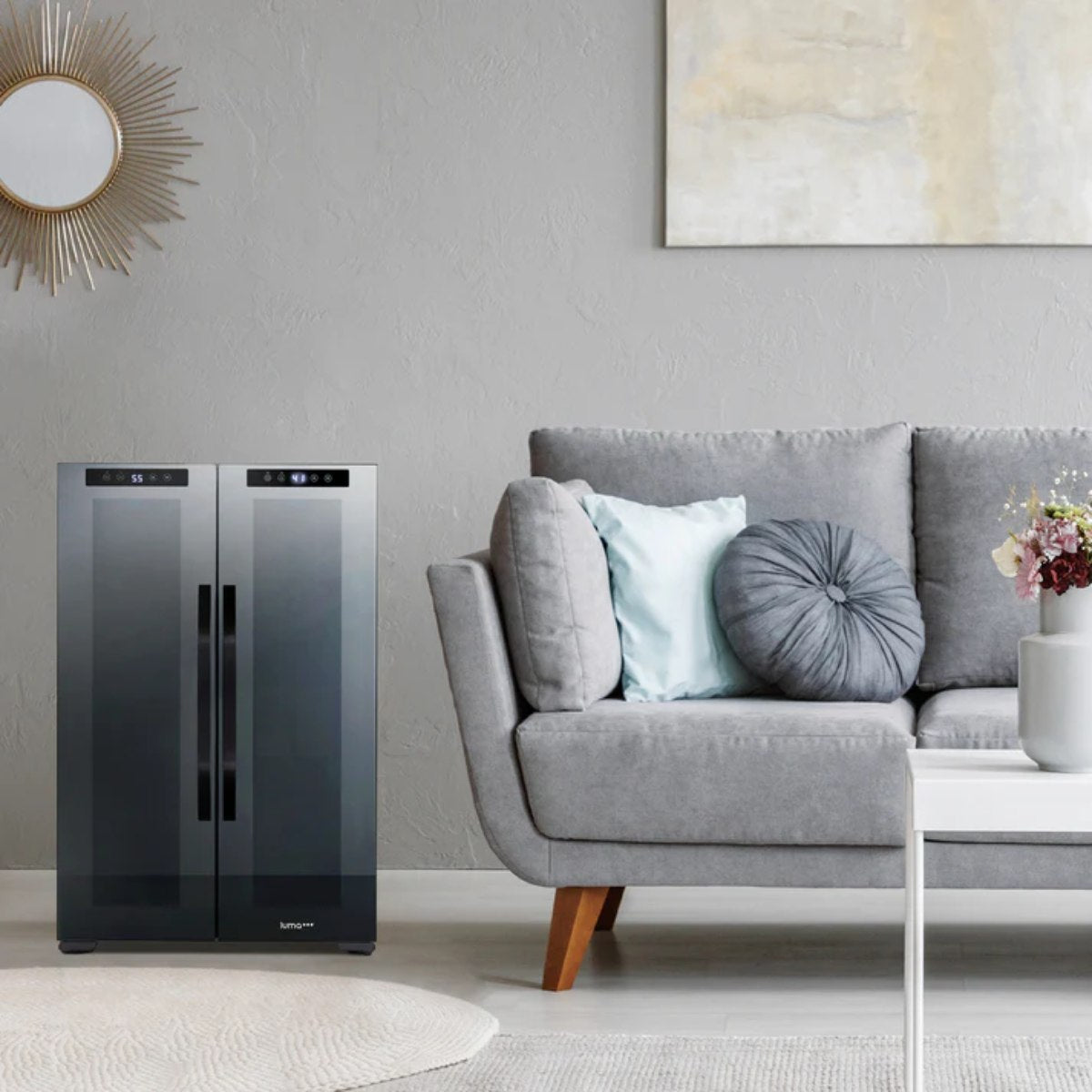 Luma Comfort 39 Can 12 Bottle Shadow Series Dual Zone Fridge – 20" -  Close up view of the Fridge shown in the Living Room 